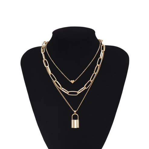 Stylish Necklaces Multi Layer Lover Lock Necklace for Girls, Women, (Golden)