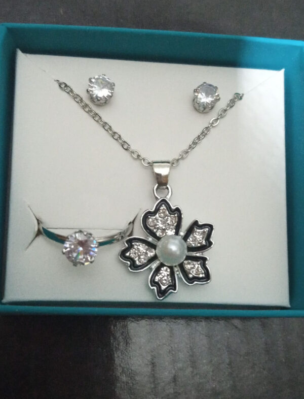 ladies Flower Jewelry Sets  necklace earring and ring set ( Silver ) - Image 2