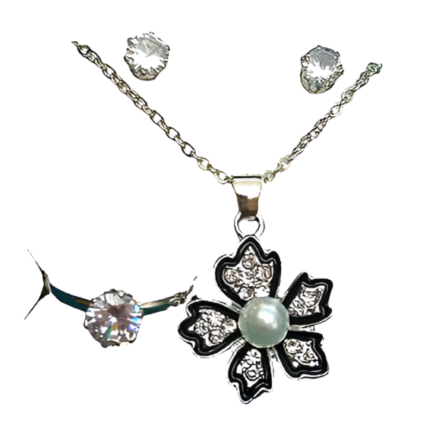 ladies Flower Jewelry Sets  necklace earring and ring set ( Silver )