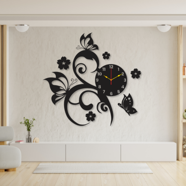 3D Beautiful butterflies and flowers | Premium wall clock / Wooden wall clock for Living Room & office decoration