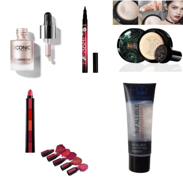 Makeup Bundle Deal ( Pack Of 5 ) Primer , Foundation ,Eyeliner Pen ,Highlighter ,5 in 1  Lipstick